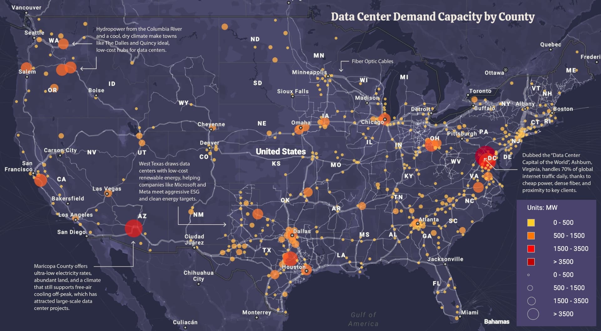 Data Center Demand Capacity by County - Map showing distribution of data center power demand across the United States, with concentrated hubs in Virginia, Oregon, Texas, and other key regions. Legend indicates capacity in MW from 0-500 (yellow) to over 3500 (red).